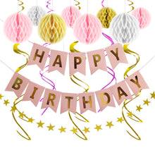 Load image into Gallery viewer, Happy Birthday Banner Kit - Happy Birthday Decorations Include 1 Bday Banner, 8 Swirls, 8 Honeycomb Balls, 1 Star Garland - Birthday Party Decorations