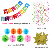 Load image into Gallery viewer, Happy Birthday Banner Kit - Happy Birthday Decorations - 1 Rainbow Bday Banner, 8 Swirls, 8 pom poms, 1 Star Garland - Birthday Party Decorations - Bi