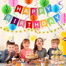 Load image into Gallery viewer, Happy Birthday Banner Kit - Happy Birthday Decorations - 1 Rainbow Bday Banner, 8 Swirls, 8 pom poms, 1 Star Garland - Birthday Party Decorations - Bi