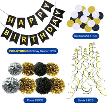 Load image into Gallery viewer, Happy Birthday Banner Kit - Happy Birthday Decorations - 1 Bday Banner, 9 Swirls, 8 Pom Poms Flowers, 1 Dots Garland - Birthday Party Decorations - Bi