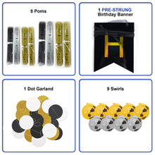 Load image into Gallery viewer, Happy Birthday Banner Kit - Happy Birthday Decorations - 1 Bday Banner, 9 Swirls, 8 Pom Poms Flowers, 1 Dots Garland - Birthday Party Decorations - Bi