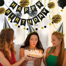 Load image into Gallery viewer, Happy Birthday Banner Kit - Happy Birthday Decorations - 1 Bday Banner, 9 Swirls, 8 Pom Poms Flowers, 1 Dots Garland - Birthday Party Decorations - Bi