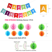 Load image into Gallery viewer, Happy Birthday Banner Kit - Happy Birthday Decorations - 1 Rainbow Bday Banner, 8 Swirls, 8 pom poms, 1 Star Garland - Birthday Party Decorations - Bi
