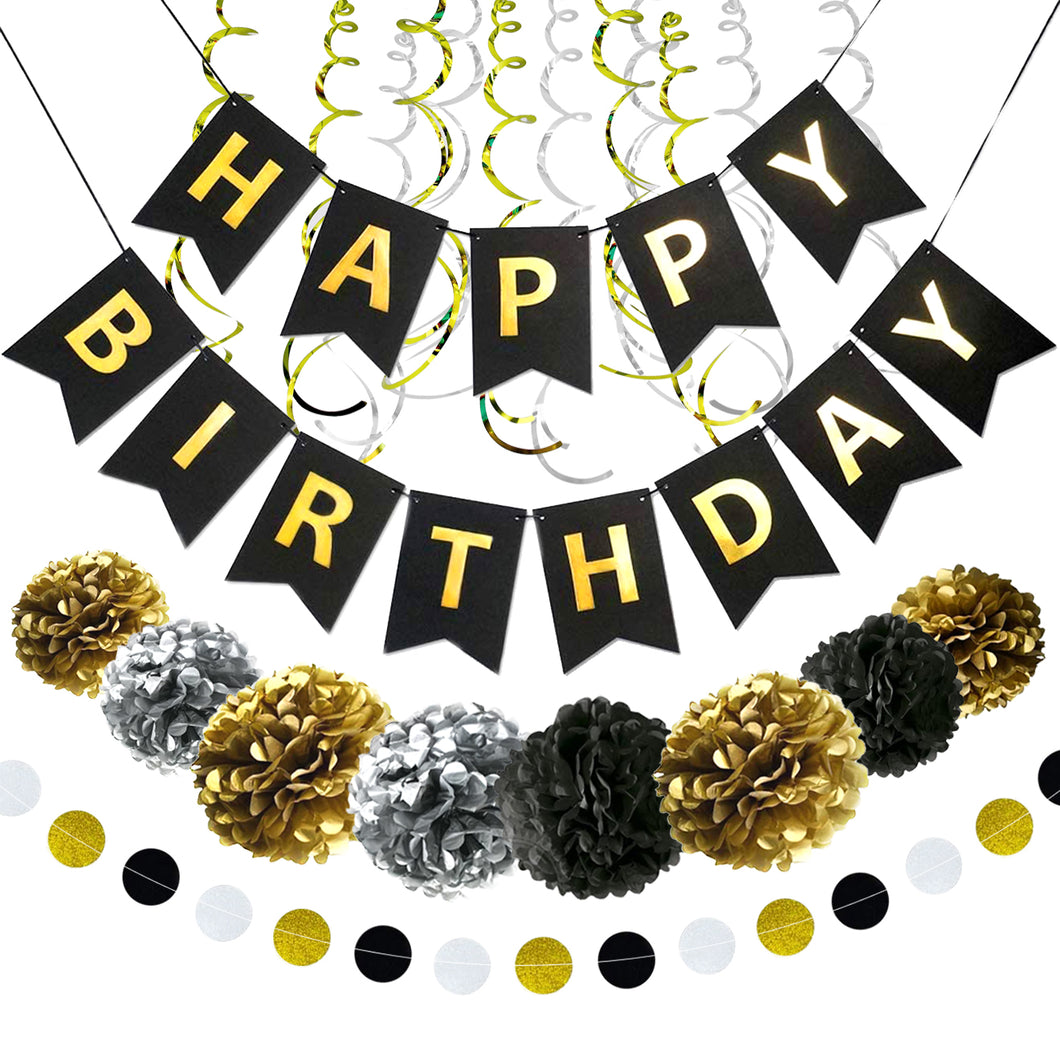 Happy Birthday Banner Kit - Happy Birthday Decorations - 1 Bday Banner, 9 Swirls, 8 Pom Poms Flowers, 1 Dots Garland - Birthday Party Decorations - Bi