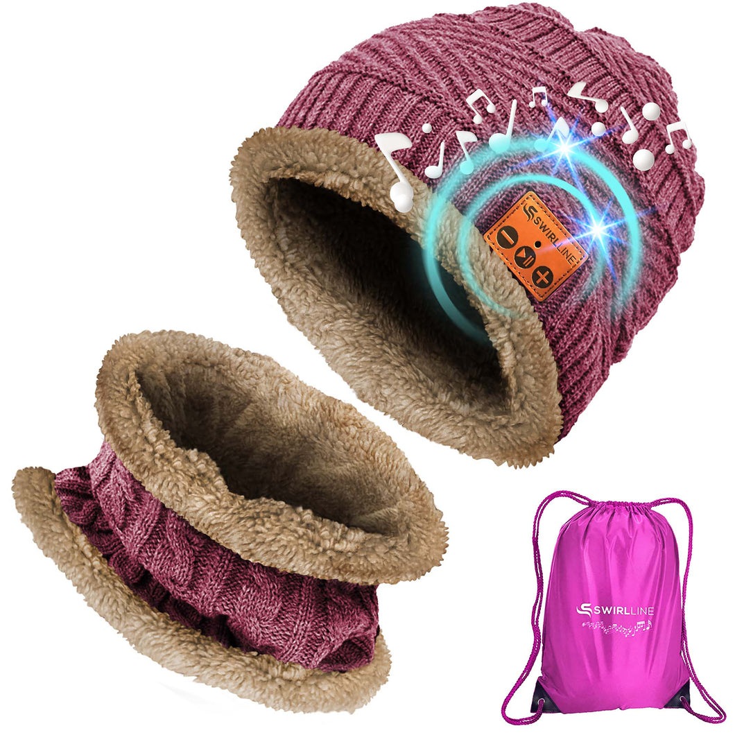 Bluetooth Beanie Wireless Hat with Scarf – Pink Headphone Beanie Hat with Upgraded Bluetooth 5.0 - Wireless Beanie Bluetooth Hat for Women - Warm Knit