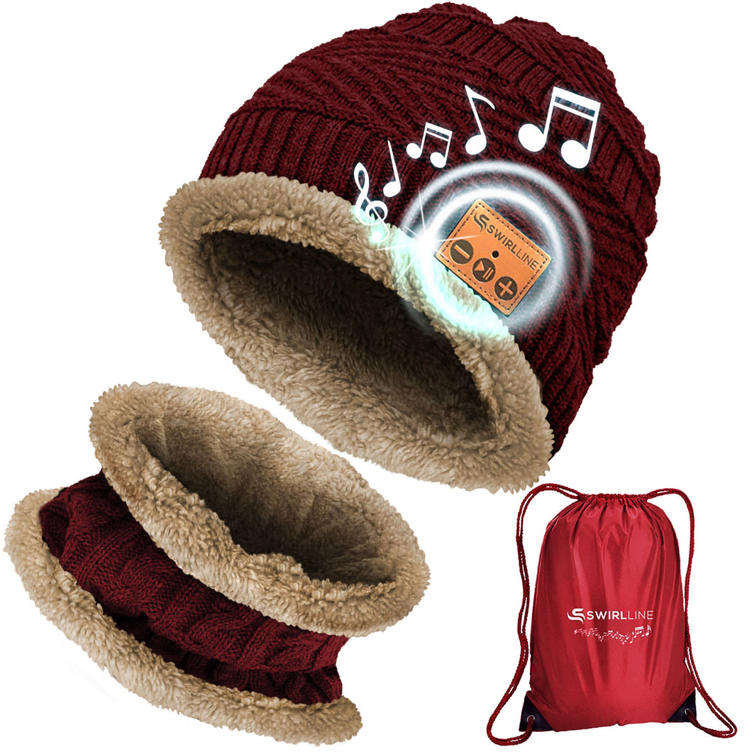 Bluetooth Beanie Wireless Hat with Scarf – Maroon Headphone Beanie Hat with Upgraded Bluetooth 5.0 - Wireless Beanie Bluetooth Hat for Women - Warm Kn